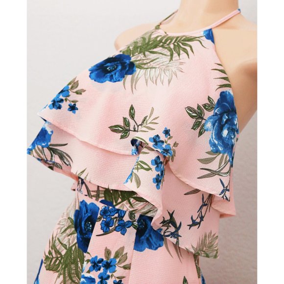 Pink Floral Flounce Ruffle Halter Tie Back Romper - Picture 2 of 8